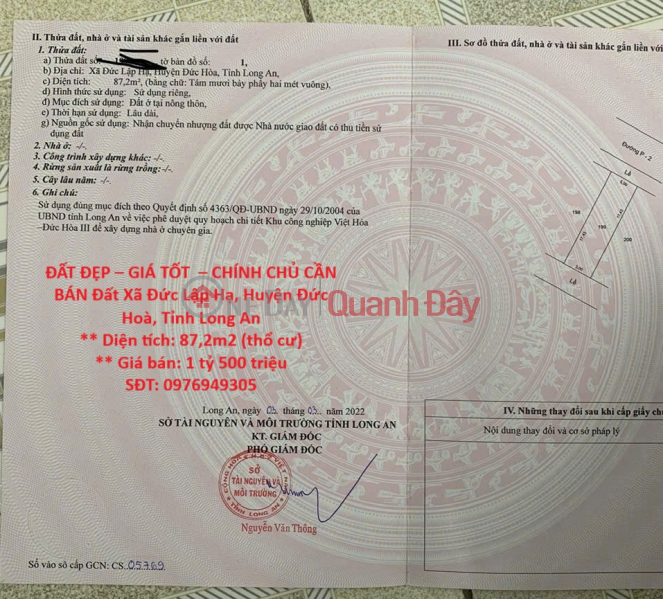 ĐẤT ĐẸP – GIÁ TỐT – CHÍNH CHỦ CẦN BÁN Đất Xã Đức Lập Hạ, Huyện Đức Hoà, Tỉnh Long An Niêm yết bán