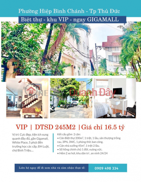 [HIẾM ] BIỆT THỰ VIP DTSD GẦN 250m² Giá CHỈ 16.5 tỷ, ngay GIGAMALL Phường Hiệp Bình Chánh, Tp Thủ Đức Niêm yết bán