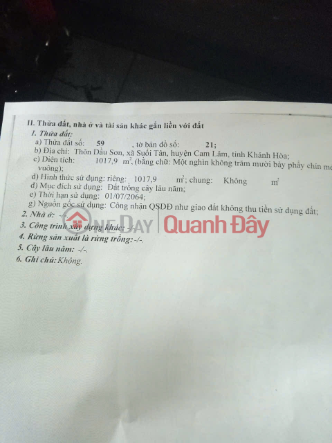 BÁN LÔ ĐẤT ĐẸP GIÁ TỐT TẠI Thôn Dầu Sơn. xã Suối Tân, huyện Cam Lâm _0