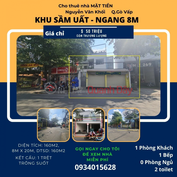 Cho thuê nhà Mặt Tiền Nguyễn Văn Khối, 160m2, 50 triệu, NGANG 8M Niêm yết cho thuê