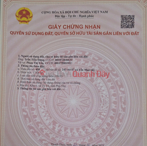 Property Search Vietnam | OneDay | Nhà ở | Niêm yết bán | HOT HOT – CHÍNH CHỦ CẦN BÁN NHANH ĐẤT TẠI Khu 6, Xã Tu Vũ, Tỉnh Phú Thọ - GIÁ SIÊU TỐT