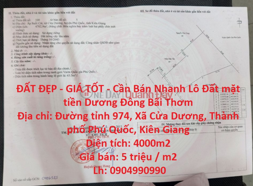 ĐẤT ĐẸP - GIÁ TỐT - Cần Bán Nhanh Lô Đất mặt tiền Dương Đông Bãi Thơm Niêm yết bán