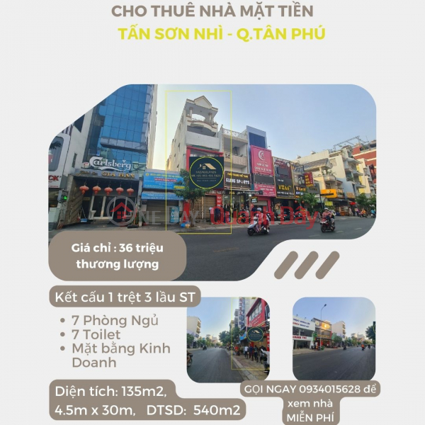 Cho thuê nhà Mặt Tiền Tân Sơn NHì 135m2, 3 LẦU + ST, 36 triệu Niêm yết cho thuê