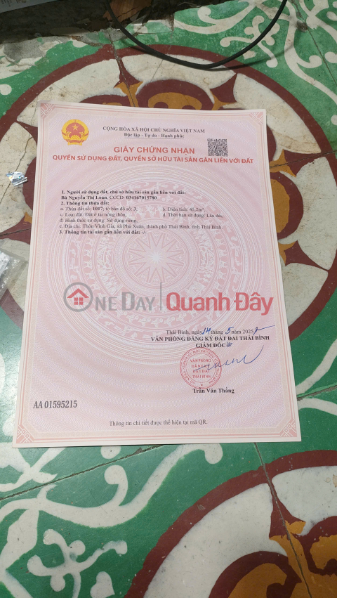 Selling a 45.2m2 plot of land with full residential zoning in Vinh Gia Hamlet, Phu Xuan Commune, Thai Binh Province. _0