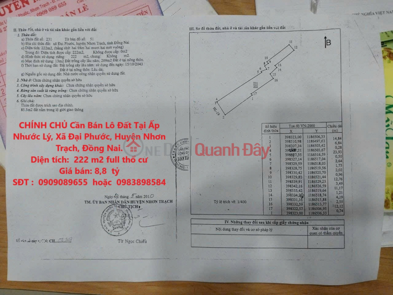 OWNER Needs to Sell Land Plot in Nhuoc Ly Hamlet, Dai Phuoc Commune, Nhon Trach District, Dong Nai. Sales Listings