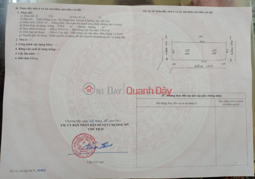 Cc gửi bán 239m2, chỉ 1x tr/m2, tại Đông Sơn, Chương Mỹ, Hà Nội, lô góc 3 thoáng, ô tô, giáp QL6 Niêm yết bán