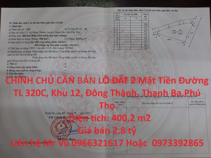 CHÍNH CHỦ CẦN BÁN LÔ ĐẤT 2 Mặt Tiền Đường TL 320C, Khu 12, Đông Thành, Thanh Ba,Phú Thọ Niêm yết bán