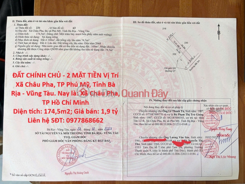 Land owned by the owner - 2 road frontages. Location: Chau Pha Commune, Phu My City, Ba Ria - Vung Tau Province. Sales Listings