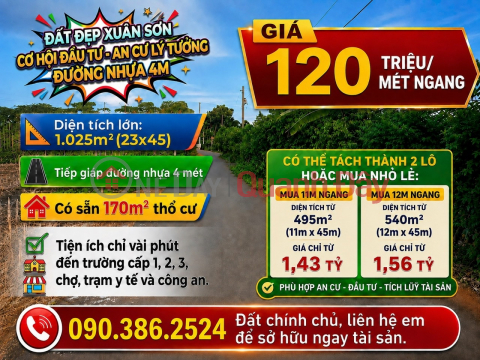 Owner selling land in Xuan Son, Ho Chi Minh City - 1,025m2, road frontage, 170m2 of residential land already available. _0