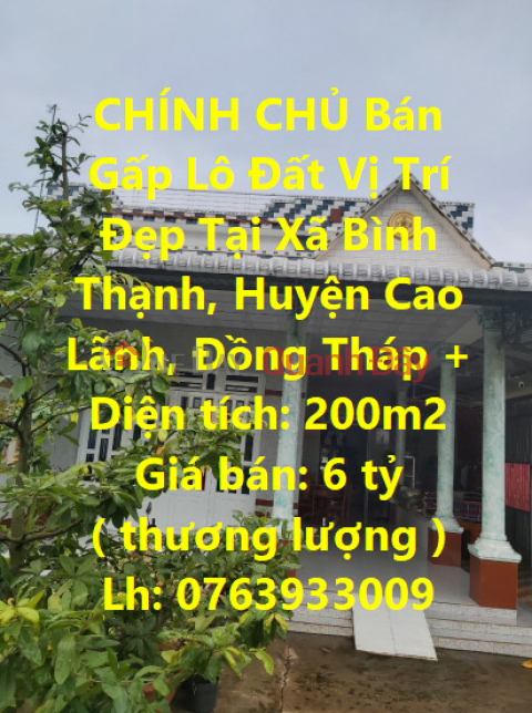 CHÍNH CHỦ Bán Gấp Lô Đất Vị Trí Đẹp Tại Xã Bình Thạnh, Huyện Cao Lãnh, Đồng Tháp _0