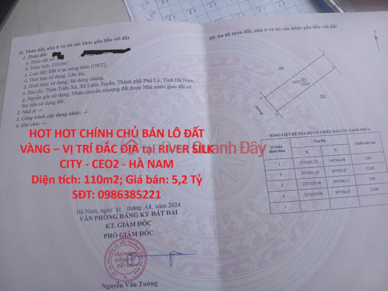 HOT HOT CHÍNH CHỦ BÁN LÔ ĐẤT VÀNG – VỊ TRÍ ĐẮC ĐỊA tại RIVER SILK CITY - CEO2 - HÀ NAM Niêm yết bán