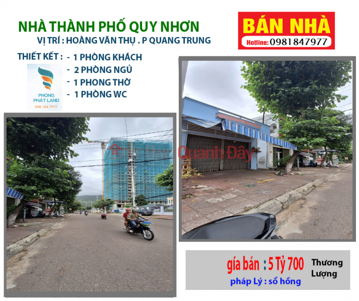 BÁN NHÀ MẶT TIỀN HOÀNG VĂN THỤ. PHƯỜNG QUANG TRUNG. TP QUY NHƠN Niêm yết bán