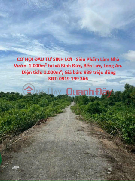 PROFITABLE INVESTMENT OPPORTUNITY - A Superb 1,000m² Garden House Plot in Binh Duc Commune, Ben Luc District, Long An Province. Sales Listings