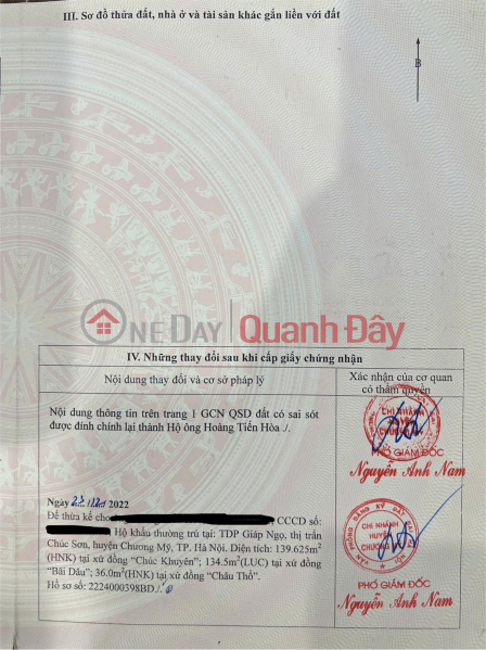 Property Search Vietnam | OneDay | Nhà ở Niêm yết bán ĐẤT CHÍNH CHỦ- GIÁ ĐẦU TƯ cần bán nhanh lô đất tại huyện Chương Mỹ, tp Hà Nội