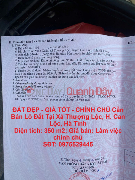 BEAUTIFUL LAND - GOOD PRICE - OWNER Sells Land Lot In Thuong Loc Commune, Can Loc District, Ha Tinh Sales Listings