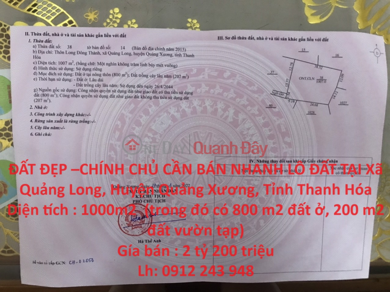 BEAUTIFUL LAND – OWNERS NEED TO SELL LAND LOT QUICKLY IN Quang Long Commune, Quang Xuong District, Thanh Hoa Province Sales Listings