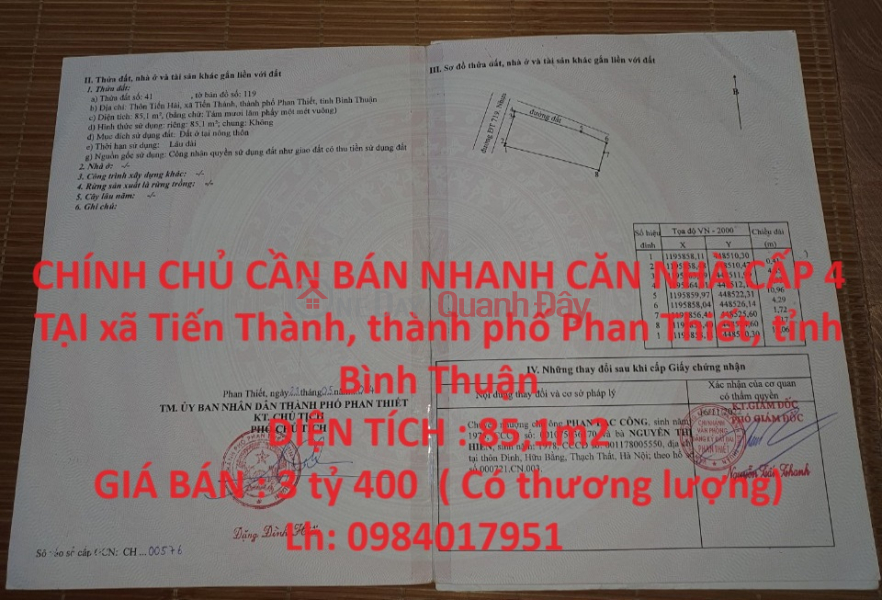 OWNER NEEDS TO SELL LEVEL 4 HOUSE QUICKLY IN Tien Thanh commune, Phan Thiet city, Binh Thuan province Sales Listings