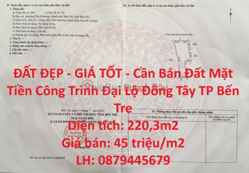 ĐẤT ĐẸP - GIÁ TỐT - Cần Bán Đất Mặt Tiền Công Trình Đại Lộ Đông Tây TP Bến Tre Niêm yết bán