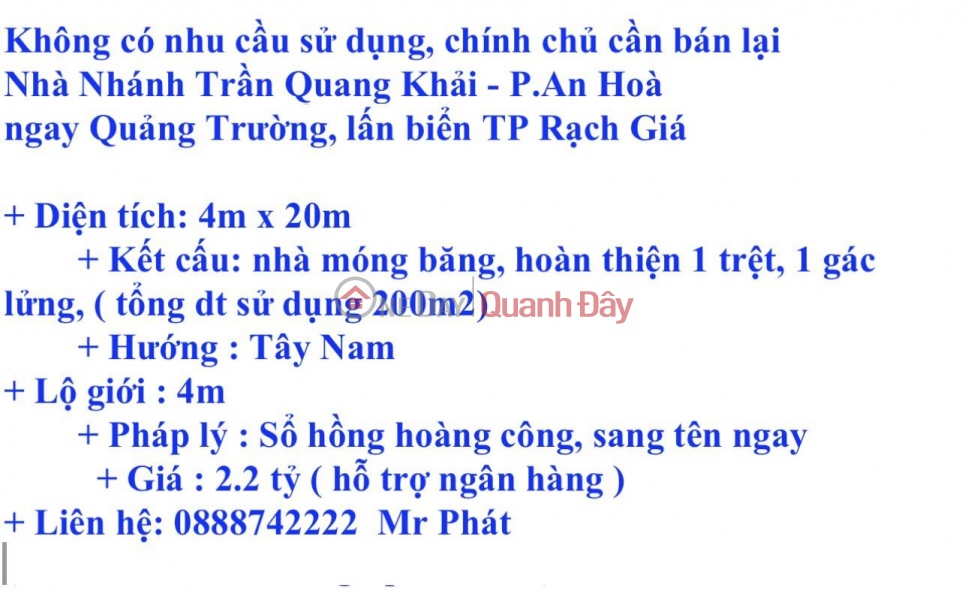 NO NEED TO USE, Owner Needs To Sell House Tran Quang Khai Branch - An Hoa Ward Sales Listings