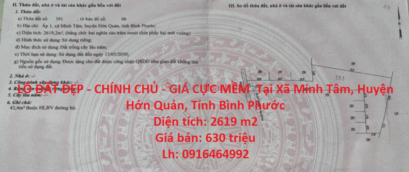 LÔ ĐẤT ĐẸP - CHÍNH CHỦ - GIÁ CỰC MỀM Tại Minh Tâm, Hớn Quản, Tỉnh Bình Phước Niêm yết bán