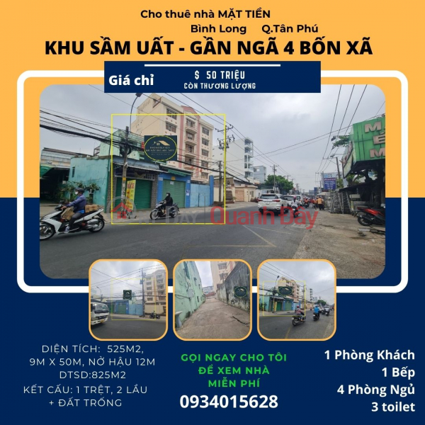 Cho thuê nhà Mặt Tiền Bình Long 525m2, 50tr,Gần ngã 4 BỐN XÃ Niêm yết cho thuê