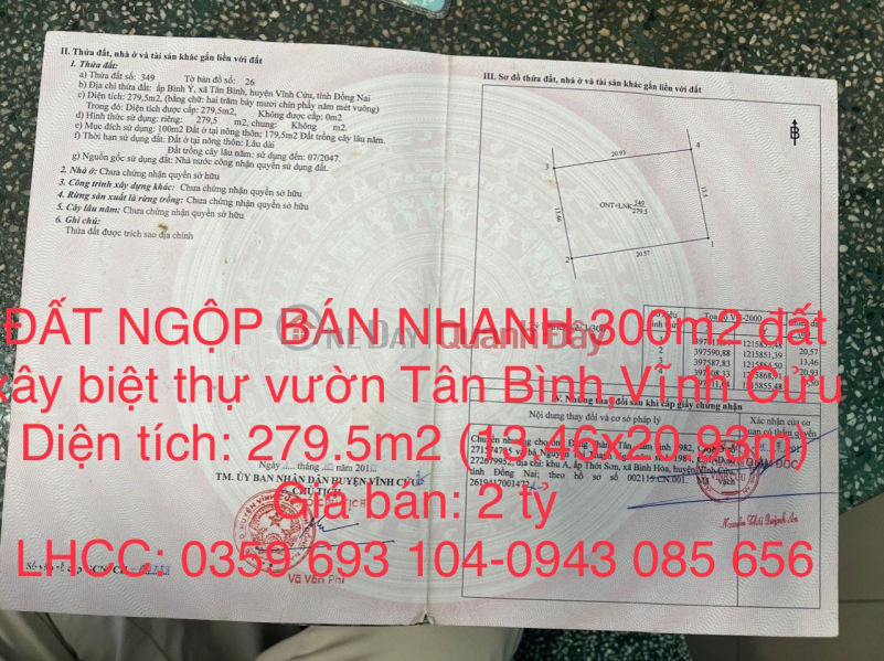 ĐẤT NGỘP BÁN NHANH 300m2 đất xây biệt thự vườn xã Tân Bình,Vĩnh Cửu Niêm yết bán