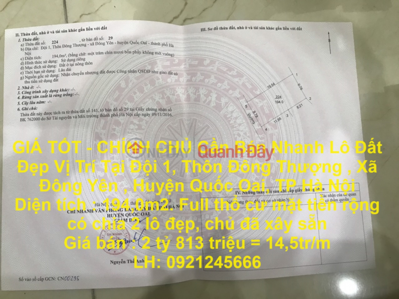 GIÁ TỐT - CHÍNH CHỦ Cần Bán Nhanh Lô Đất Đẹp Vị Trí Tại Huyện Quốc Oai, TP Hà Nội Niêm yết bán