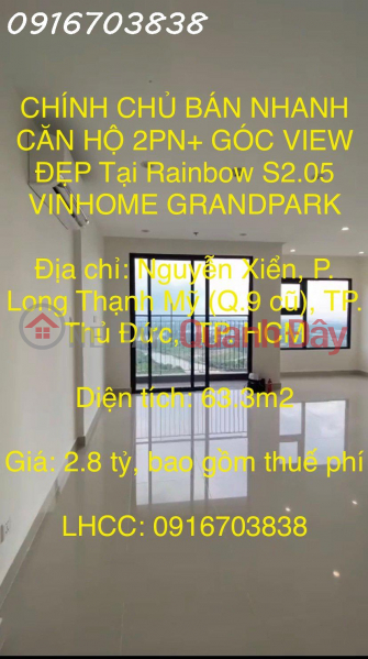 CHÍNH CHỦ BÁN NHANH CĂN HỘ 2PN+ GÓC VIEW ĐẸP Tại Rainbow S2.05 VINHOME GRANDPARK Niêm yết bán