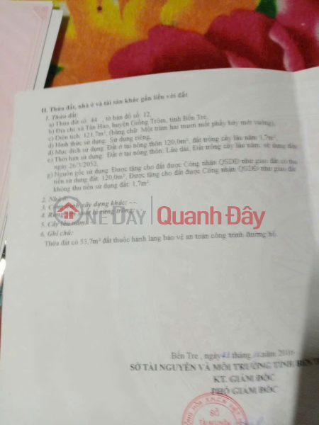 PRIME LOCATION LAND – GOOD PRICE – URGENT SALE In Tan Hao Commune, Giong Trom District, Ben Tre Province Sales Listings