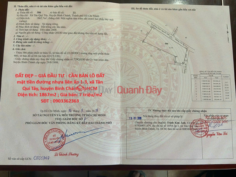 ĐẤT ĐẸP – GIÁ ĐẦU TƯ - CẦN BÁN LÔ ĐẤT mặt tiền đường nhựa liên ấp 1-3, xã Tân Quí Tây, huyện Bình Chánh, Niêm yết bán