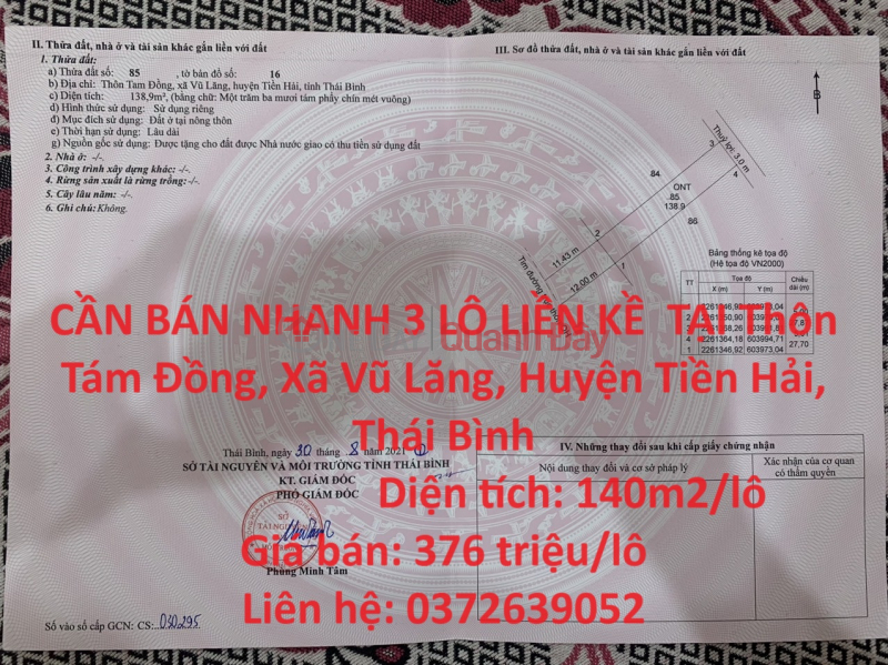 FOR QUICK SALE 3 ADJUSTABLE LOTS IN Tam Dong Village, Vu Lang Commune, Tien Hai District, Thai Binh Sales Listings