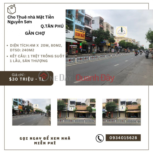 Cho thuê Nhà Mặt Tiền Nguyễn Sơn 80m2, 1Lầu+ST, 30triệu, gần chợ Niêm yết cho thuê