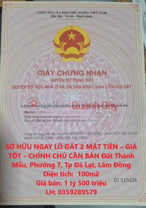 SỞ HỮU NGAY LÔ ĐẤT 2 MẶT TIỀN – GIÁ TỐT – CHÍNH CHỦ CẦN BÁN Đất Thánh Mẫu, Đà Lạt _0