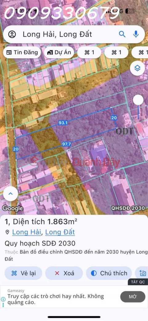 Selling a 1,863m2 investment plot of land with full residential zoning (ODT) in Long Hai, Ho Chi Minh City. _0