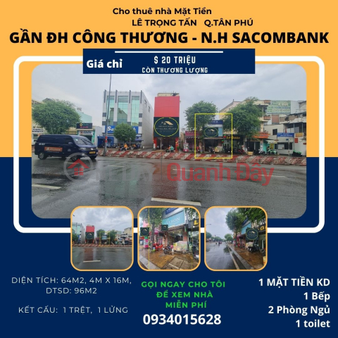 Cho thuê nhà mặt tiền Lê Trọng Tấn 64m2, 1Lửng, 20Triệu, gần ĐH Công Thương _0