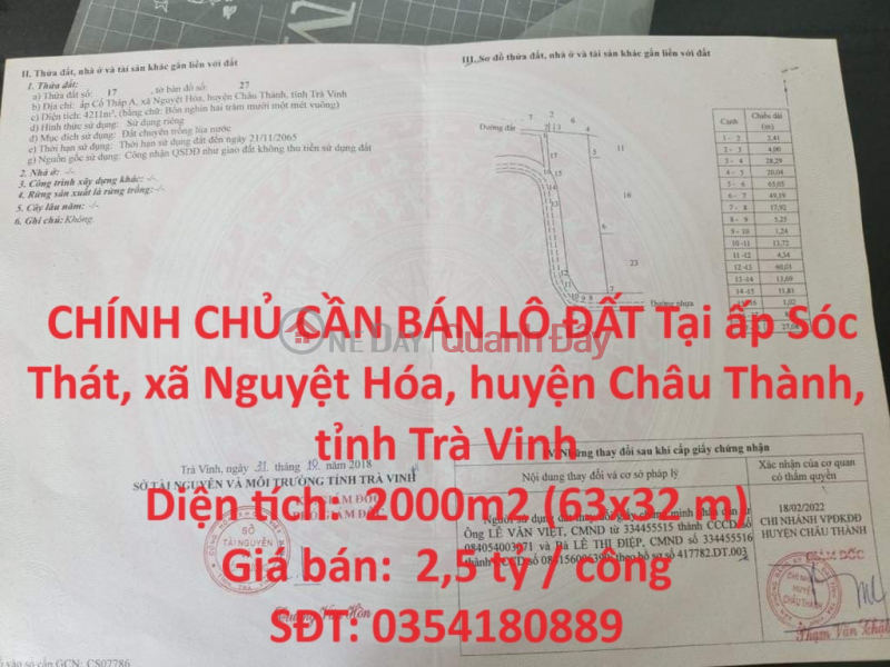 OWNER NEEDS TO SELL LOT OF LAND IN Nguyet Hoa, Chau Thanh, Tra Vinh - Investment Price Sales Listings