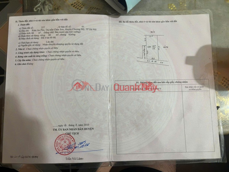 đ 30 Million OWNER NEEDS TO SELL 66M2 LAND LOT IN CHUC SON CENTER - CHUONG MY - HANOI