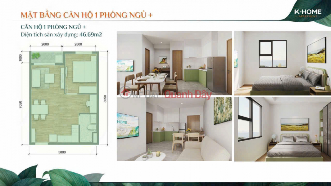 Bán căn hộ K‑Home 46,69m² – 1 phòng ngủ riêng, giá chỉ 978 triệu, vay ngân hàng dễ dàng Niêm yết bán