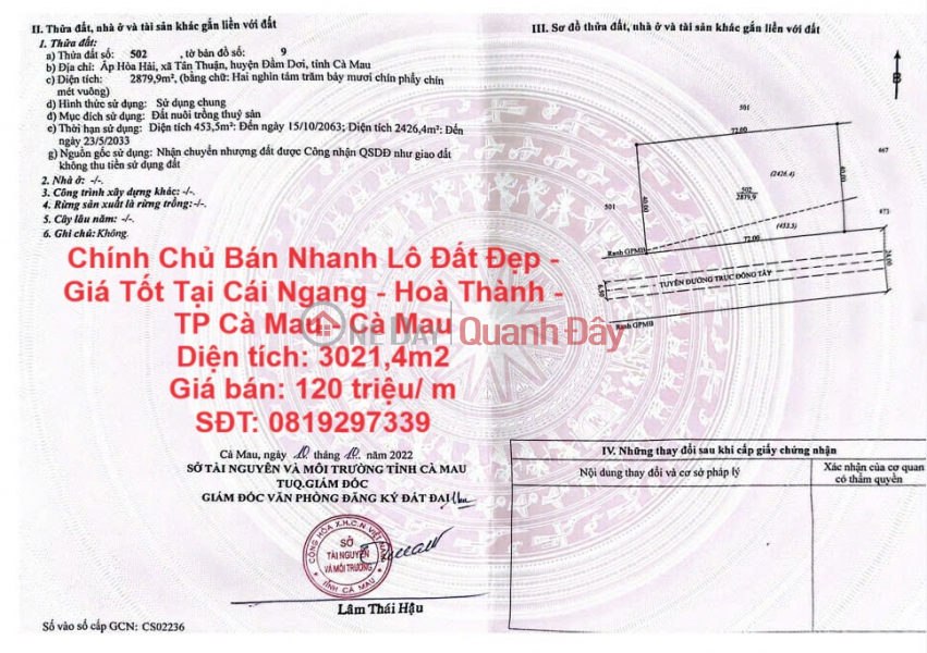 Chính Chủ Bán Nhanh Lô Đất Đẹp - Giá Tốt Tại Cái Ngang - Hoà Thành - TP Cà Mau - Cà Mau Niêm yết bán