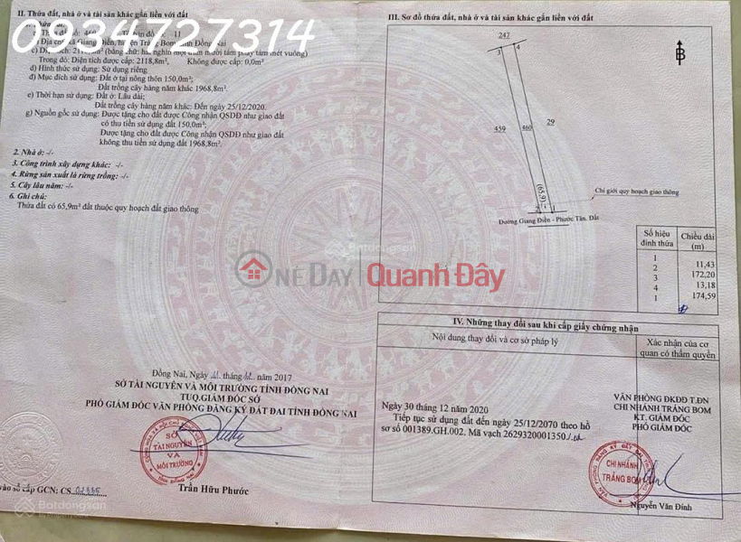 Bán đất giá siêu hời tại Phước Tân - Giang Điền, 6,5 tỷ, 2118 m2 Niêm yết bán