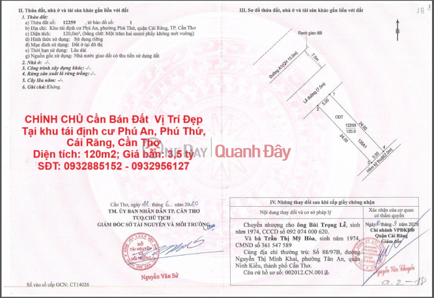CHÍNH CHỦ Cần Bán Đất Vị Trí Đẹp Tại khu tái định cư Phú An, Phú Thứ, Cái Răng, Cần Thơ Niêm yết bán