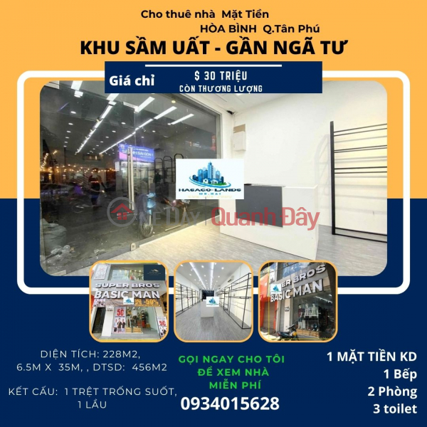 SỐC- Cho thuê nhà mặt tiền Hòa Bình 228m2, 1Lầu, 30Triệu-NGAY NGÃ TƯ Niêm yết cho thuê