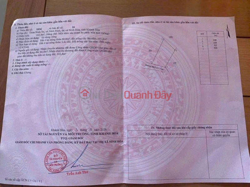 Property Search Vietnam | OneDay | Nhà ở | Niêm yết bán | Bán lô đất full thổ cư Thôn Bình Trị, Xã Ninh Bình, Thị Xã Ninh Hòa, Khánh Hòa