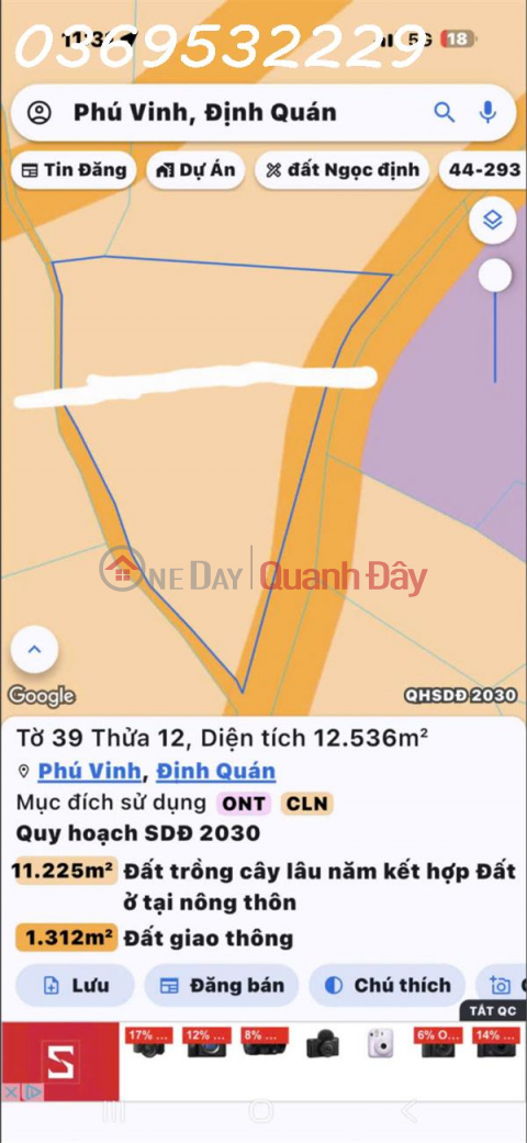 Chính chủ cần bán 2000m2 hoặc 3000m2 đất 2 mặt tiền Phú Vinh, Định Quán, ĐN, giá đầu tư _0