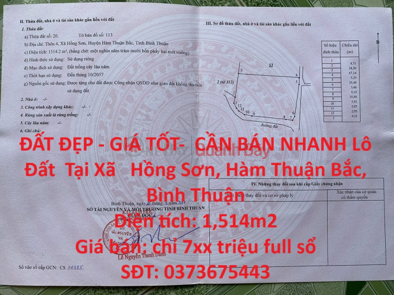 ĐẤT ĐẸP - GIÁ TỐT- CẦN BÁN NHANH Lô Đất Tại Xã Hồng Sơn, Hàm Thuận Bắc, Bình Thuận Niêm yết bán