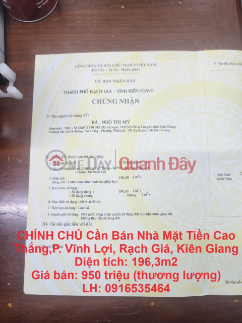 CHÍNH CHỦ Cần Bán Nhà Mặt Tiền Cao Thắng,P. Vĩnh Lợi, Rạch Giá, Kiên Giang _0