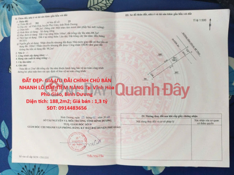 ĐẤT ĐẸP- GIÁ ƯU ĐÃI CHÍNH CHỦ BÁN NHANH LÔ ĐẤT TIỀM NĂNG Tại Vĩnh Hòa Phú Giáo, Bình Dương _0