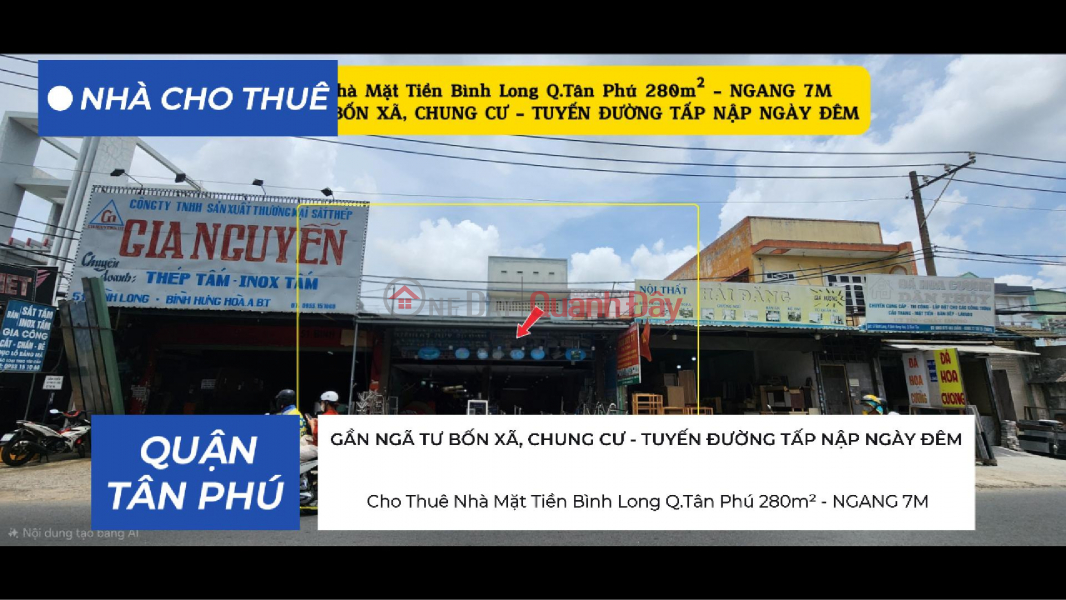 Cho thuê nhà Mặt Tiền Bình Long Q.Tân Phú 280m² - NGANG 7M, GẦN CHUNG CƯ, NGÃ TƯ BỐN XÃ Niêm yết cho thuê