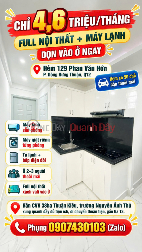 Cho thuê phòng Full nội thất Phan Văn Hớn Q12 hẻm xe 50 chỗ 4.6 triệu _0