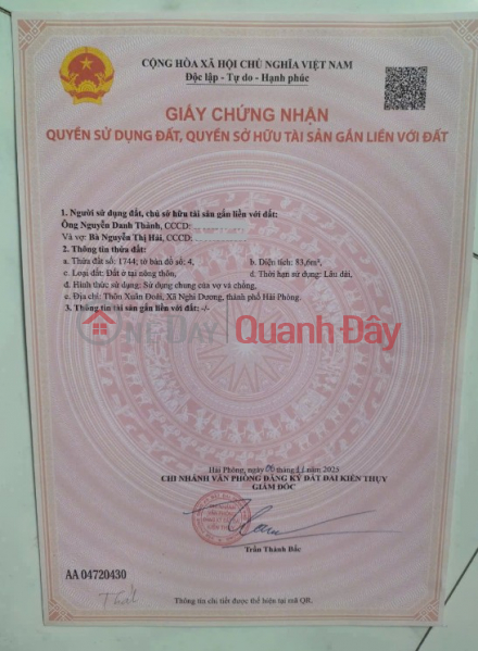 Only one plot of land available on Xuan Doai Street, Ngu Phuc, Nghi Duong (formerly Kien Thuy) - Car access road. Vietnam Sales, đ 1.9 Billion